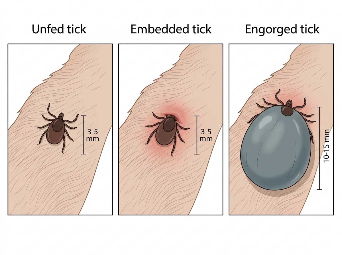 Tick embedded on dog skin showing dark round body attached to skin