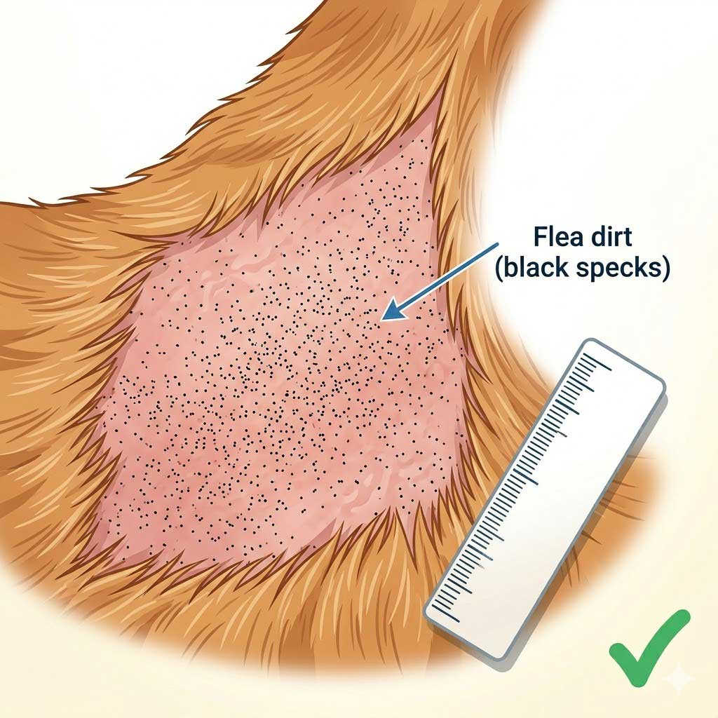 Good example: well-lit photo showing flea dirt specks on dog belly for identification