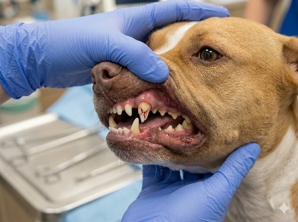 Dog with broken fractured tooth showing exposed pulp