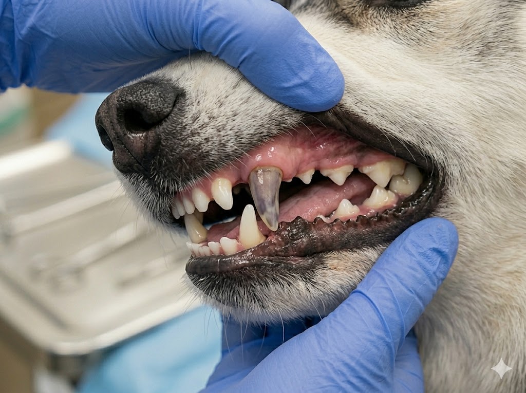 Dog with discolored dead tooth showing gray-brown color change