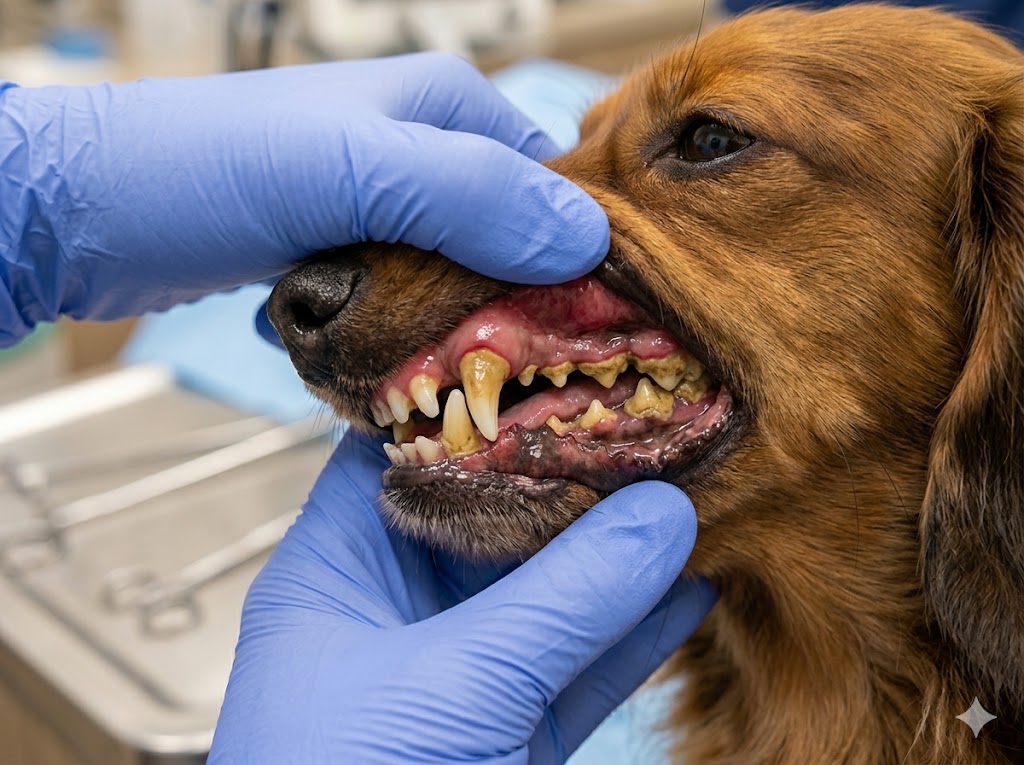 Dog gum disease showing red swollen gums and tartar buildup