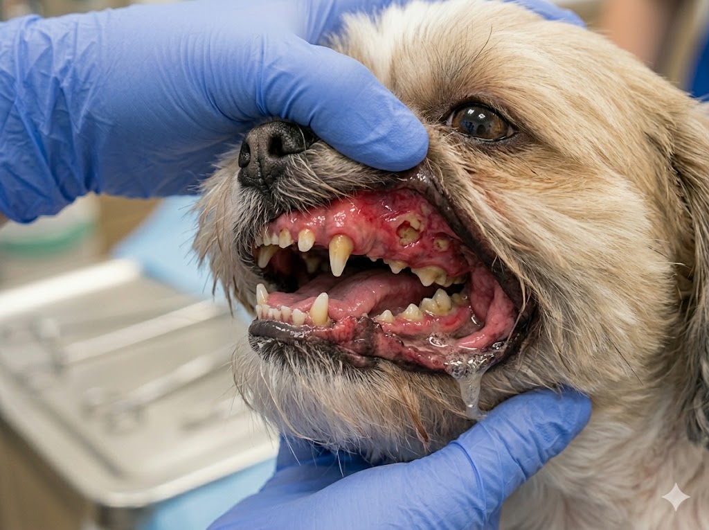 Dog mouth infection showing widespread inflammation and redness