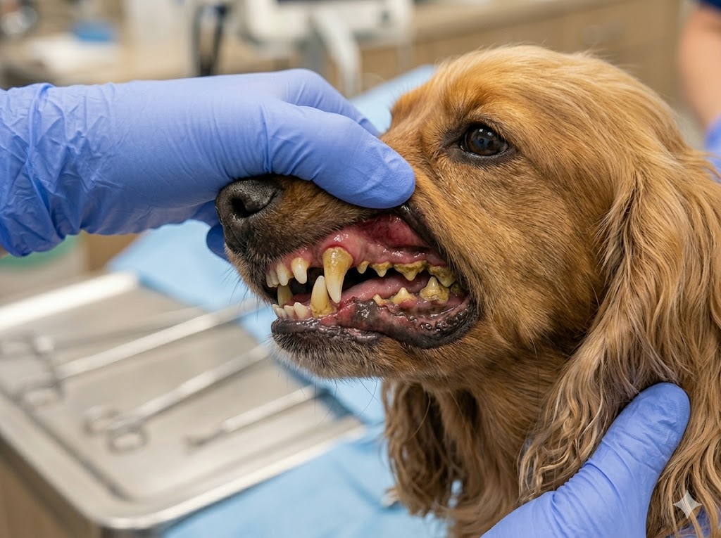 Dog teeth showing heavy yellow-brown tartar and plaque buildup