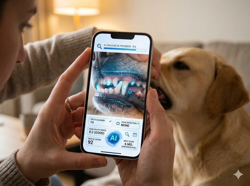 AI analyzing dog teeth photo for dental diseases
