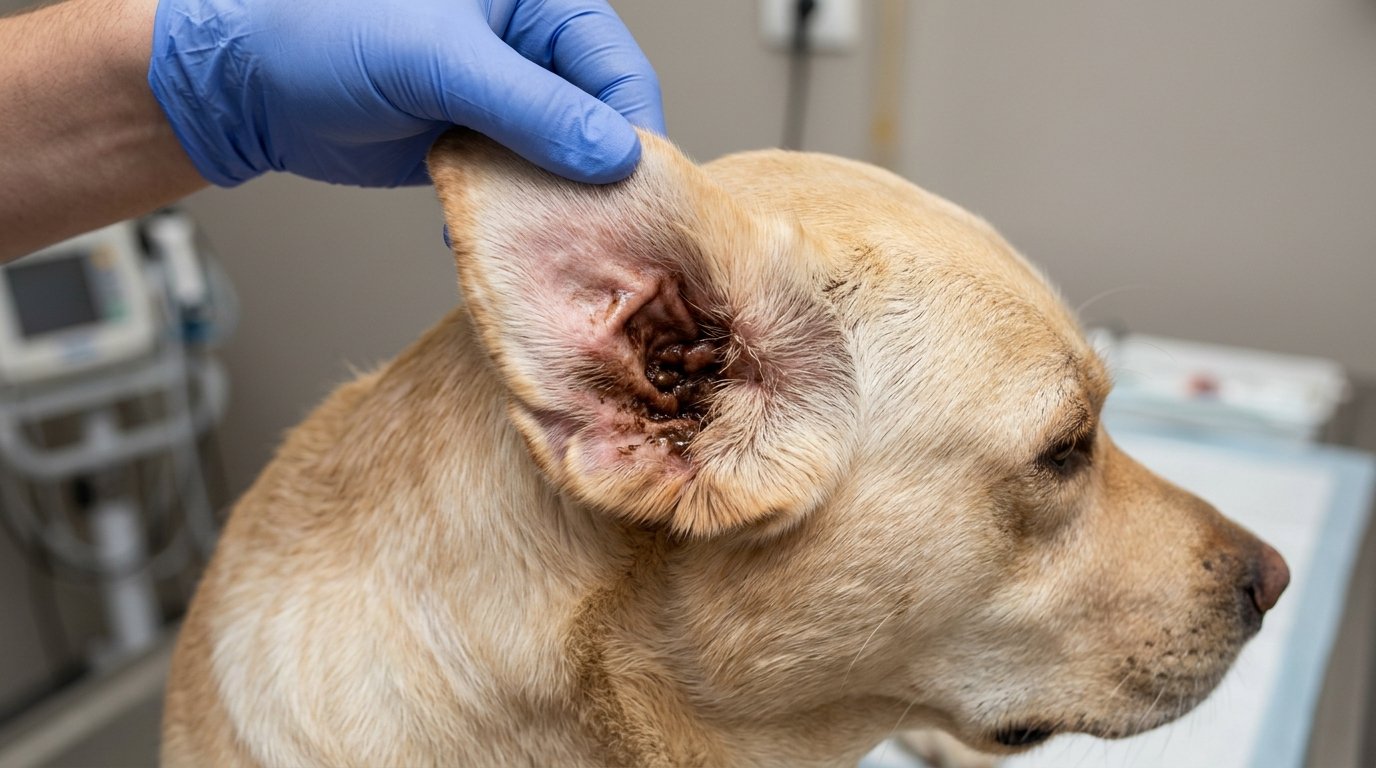 Dog ear discharge showing brown buildup and abnormal wax