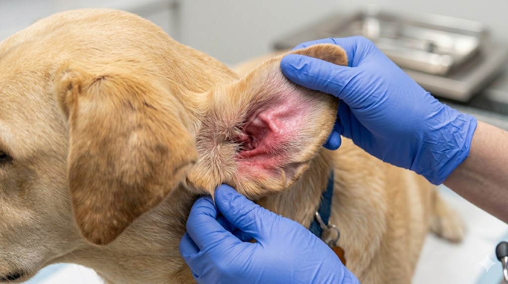 Red inflamed inside of dog ear showing redness and irritation