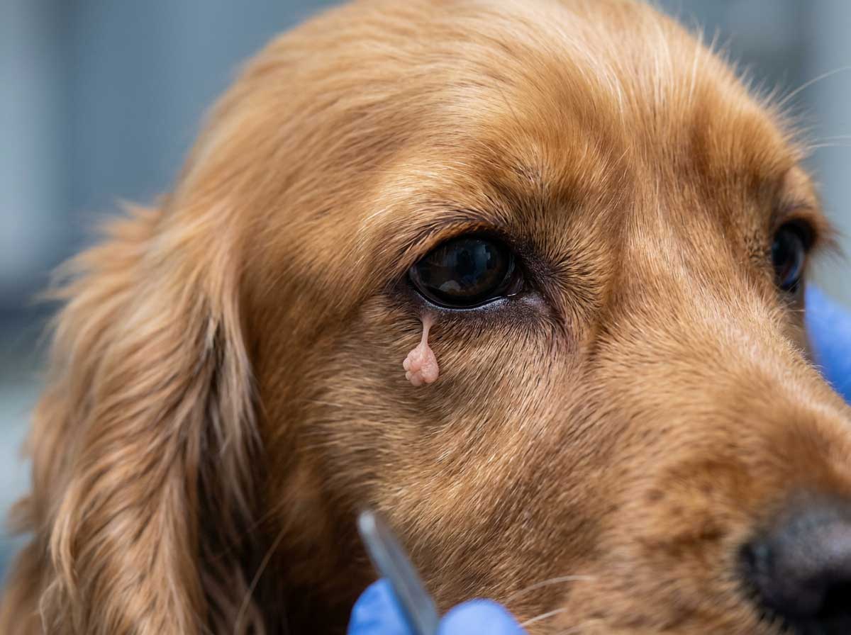 Dog skin tag — small, soft, flesh-colored growth hanging from a thin stalk