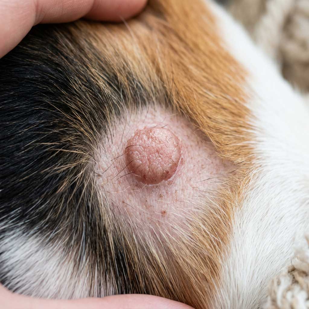 Good example: well-lit photo of a dog skin bump showing shape and color