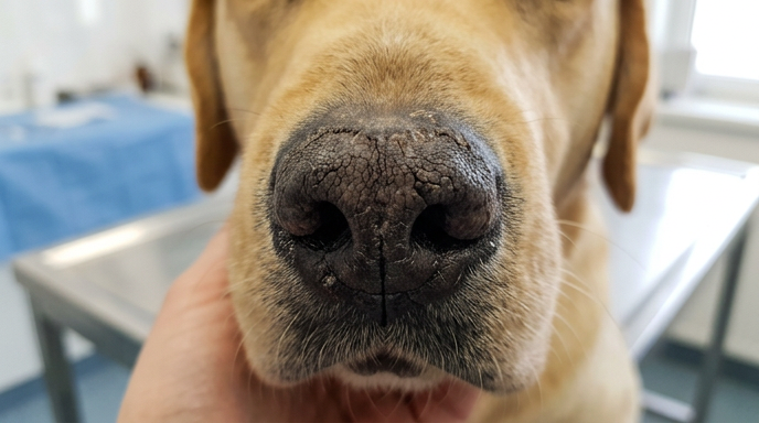 Dog dry cracked nose showing rough texture and peeling skin