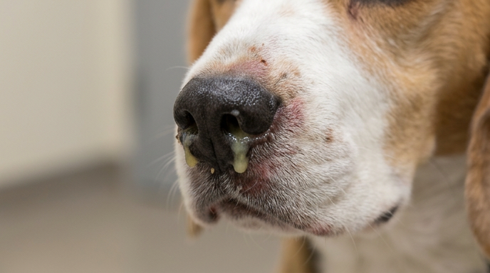 Dog nose showing green or yellow nasal discharge indicating infection