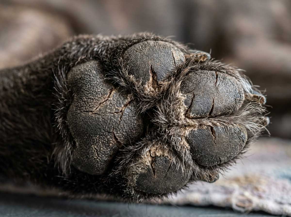 Cracked dry dog paw pad with visible fissures