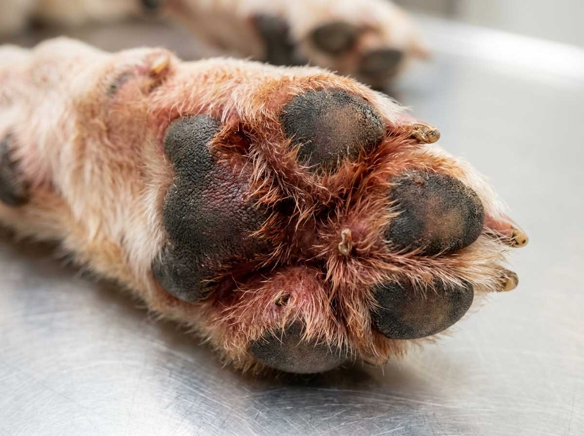 Dog paw with yeast infection showing red-brown staining between the toes