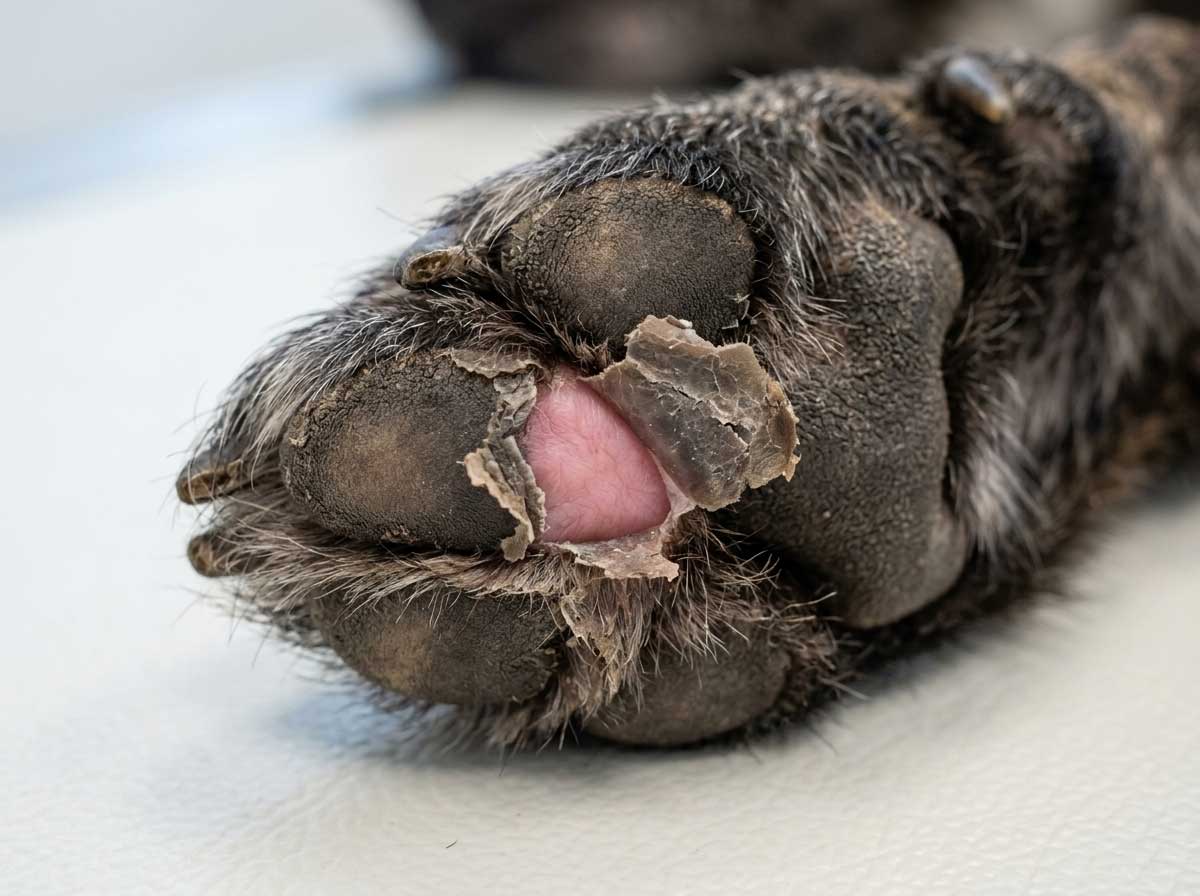 Dog paw pad peeling with layers of outer pad lifting away