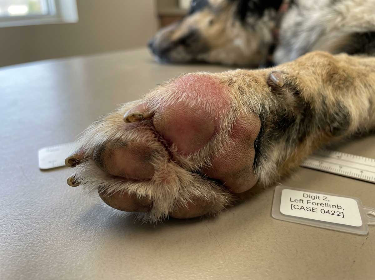 Swollen dog paw showing redness and enlargement