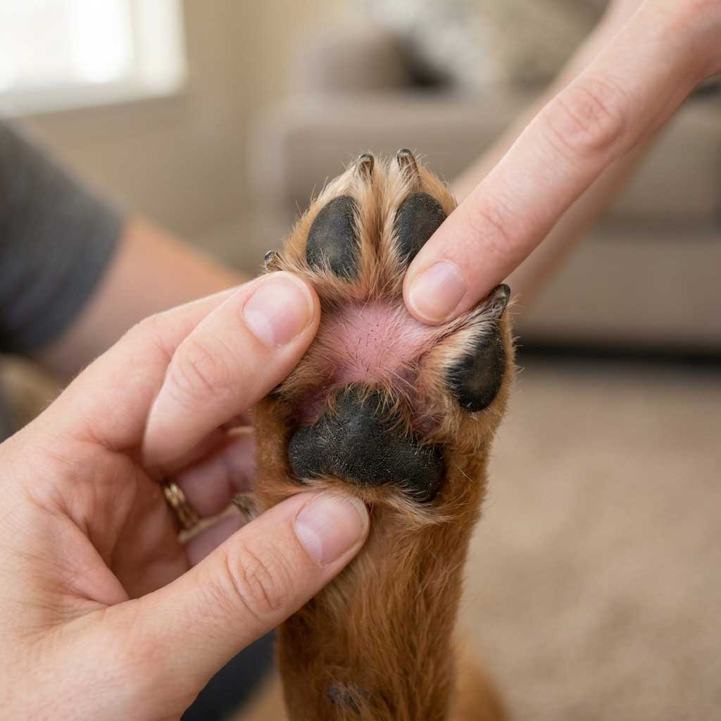 Good example: well-lit photo of dog paw showing between the toes