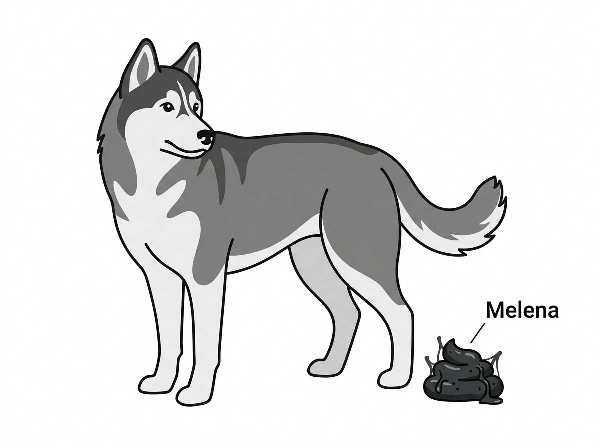 Black tarry dog stool (melena) indicating possible upper GI bleeding