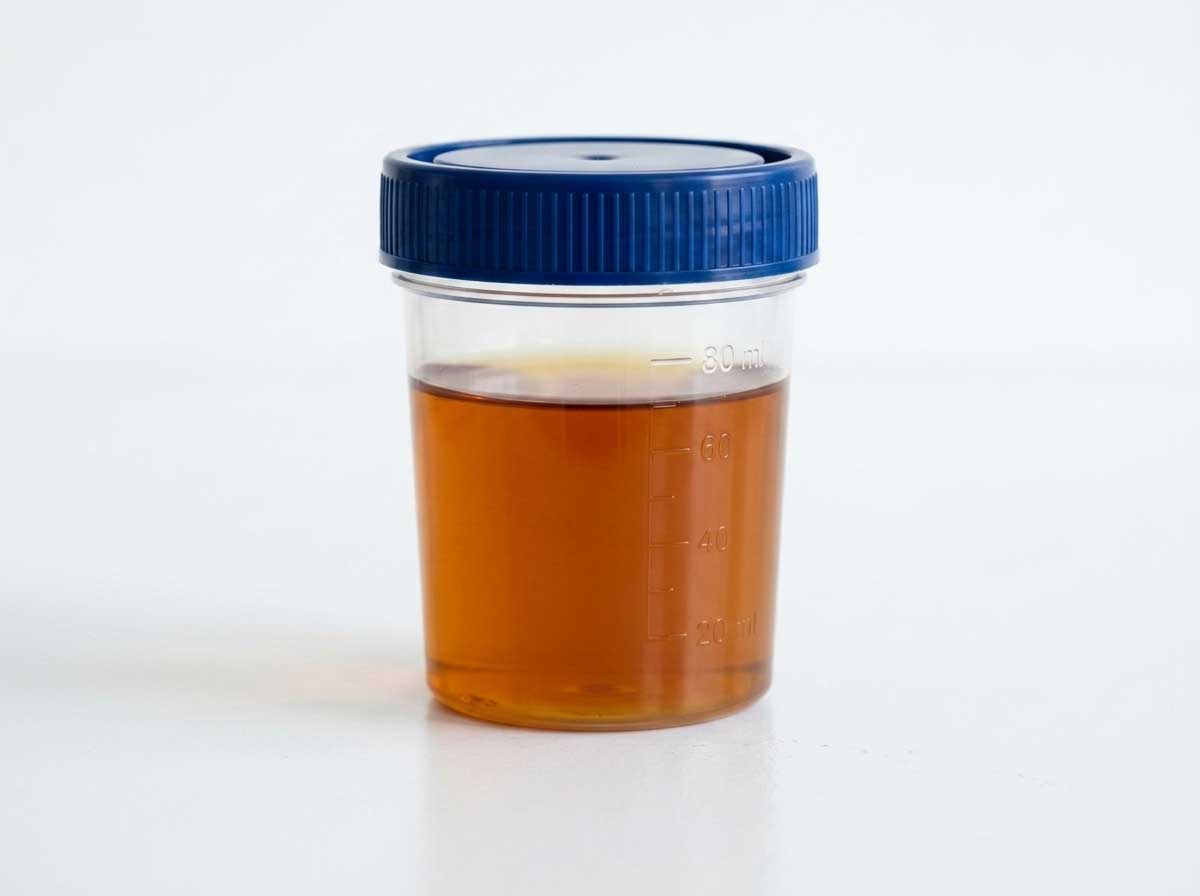 Dog urine sample showing dark yellow or amber color indicating dehydration