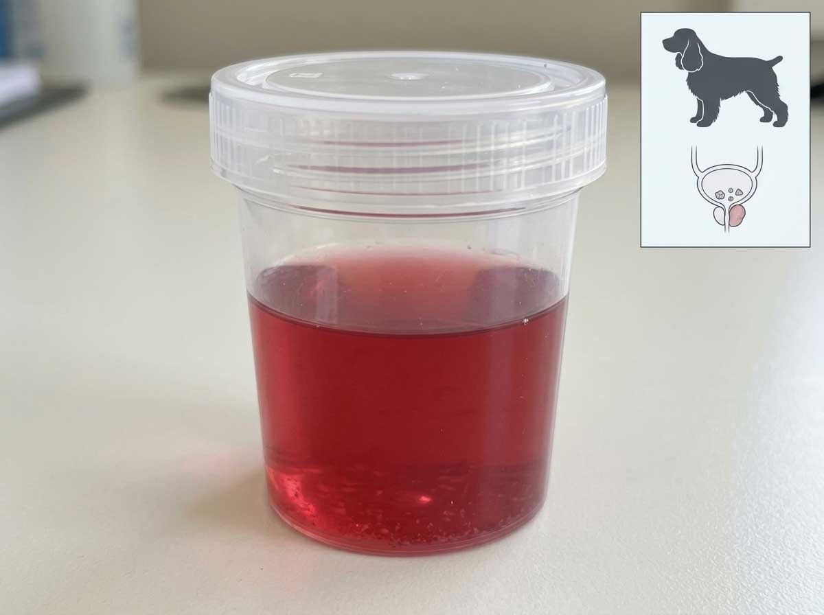 Male dog urine sample with blood and notes on stones and prostate causes