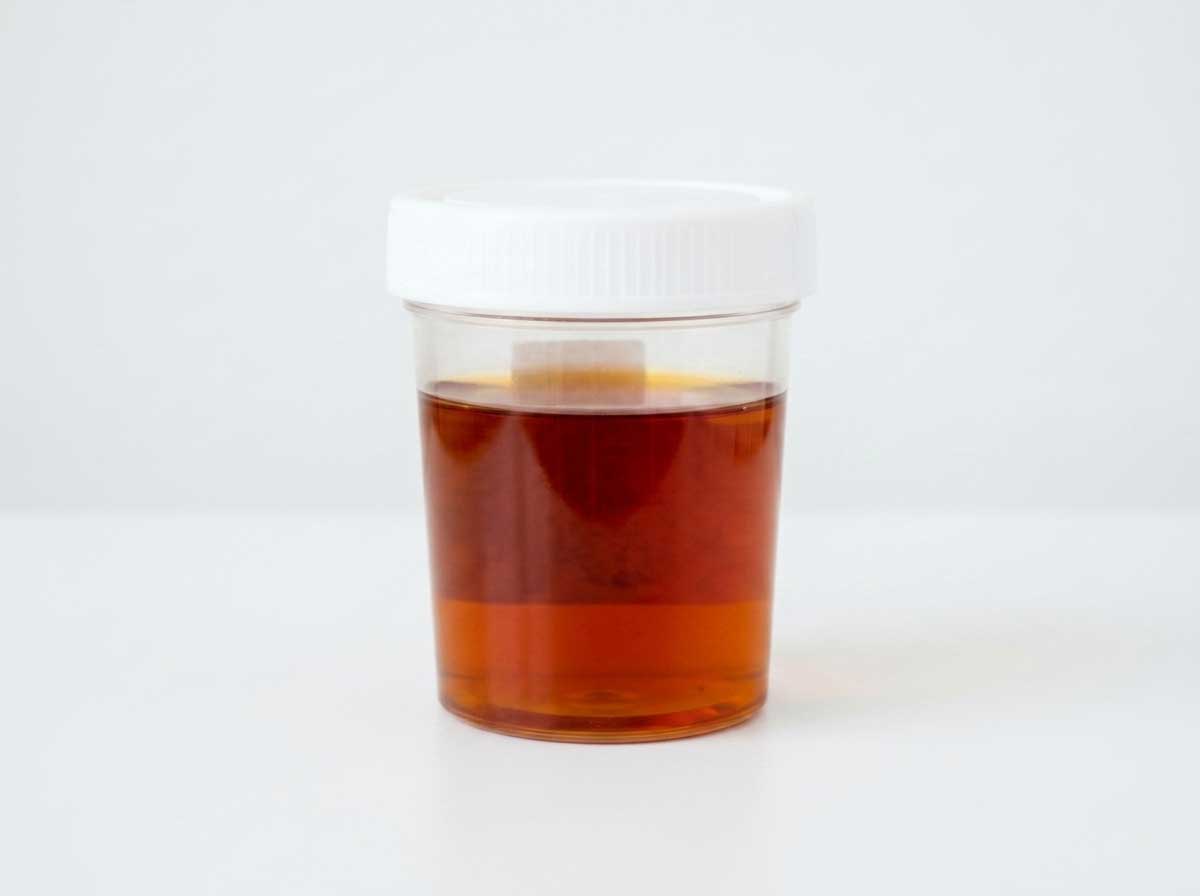 Dog urine sample showing orange or brown color indicating liver or muscle issues