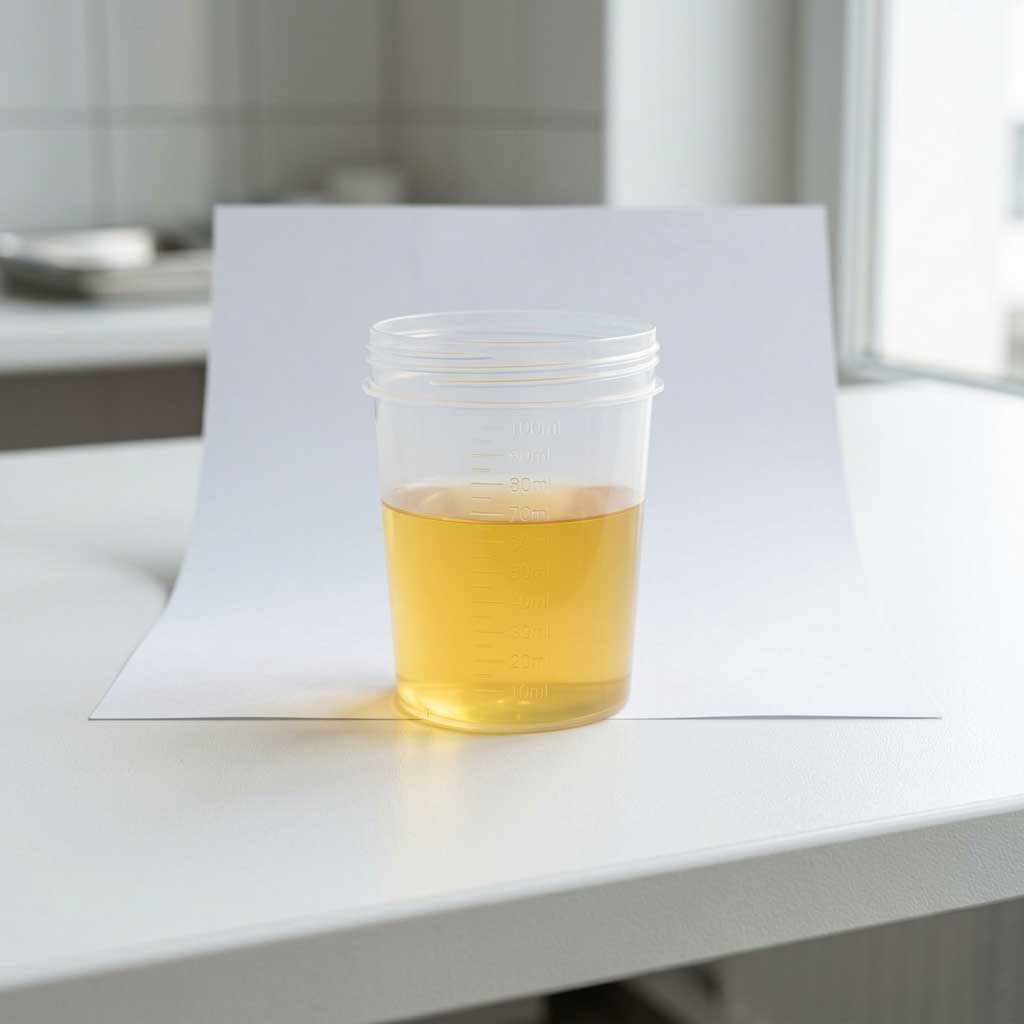 Good example: dog urine in a clear cup against white background