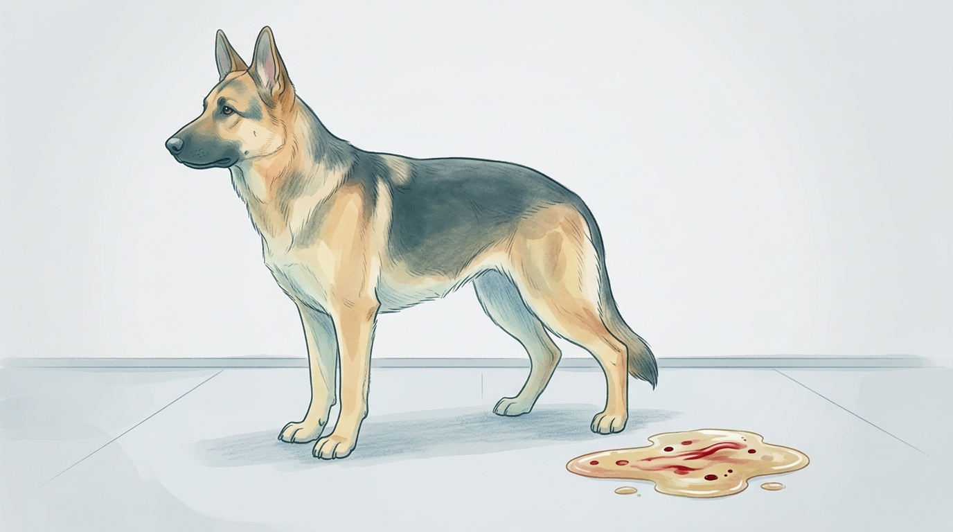 Dog vomiting blood showing red or dark brown discoloration in vomit