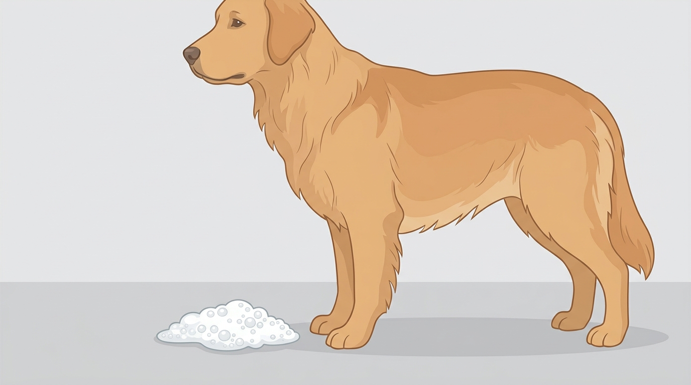 Dog vomiting white foam showing frothy mucus on ground