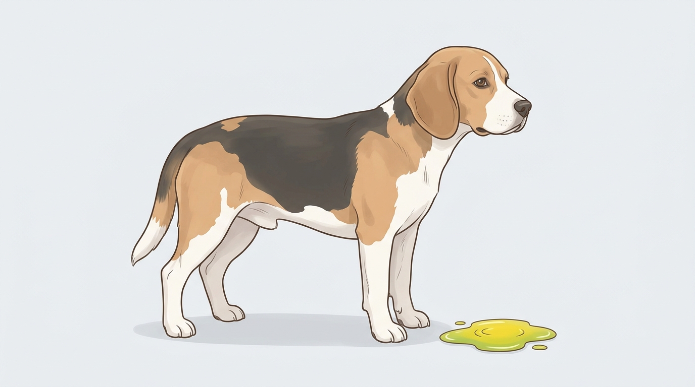 Dog yellow vomit bile on floor showing yellowish-green liquid