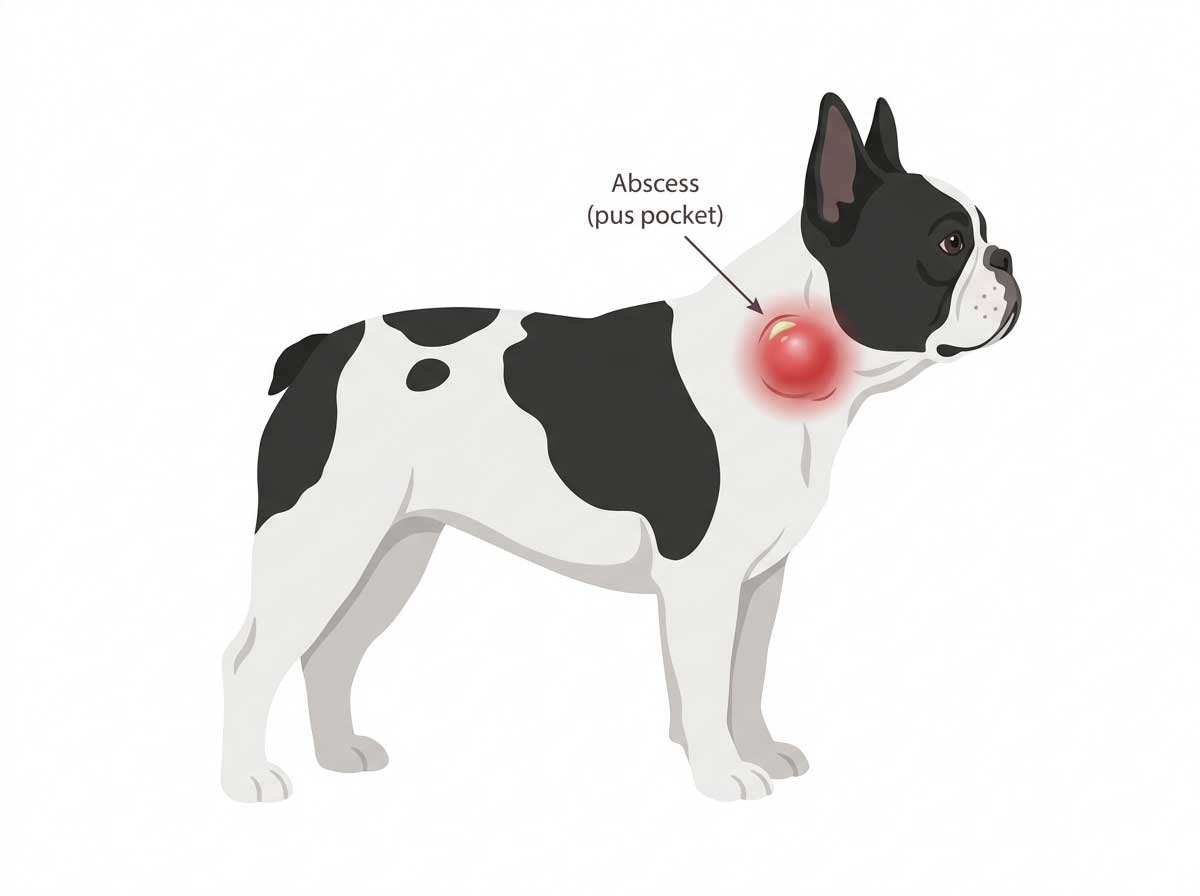 Dog abscess showing swollen, red, painful lump under skin about to drain