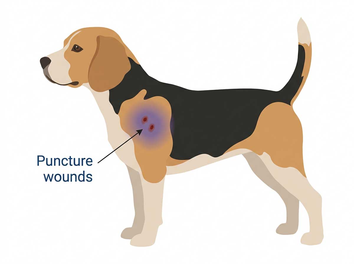 Dog bite puncture wound showing small entry point with surrounding swelling
