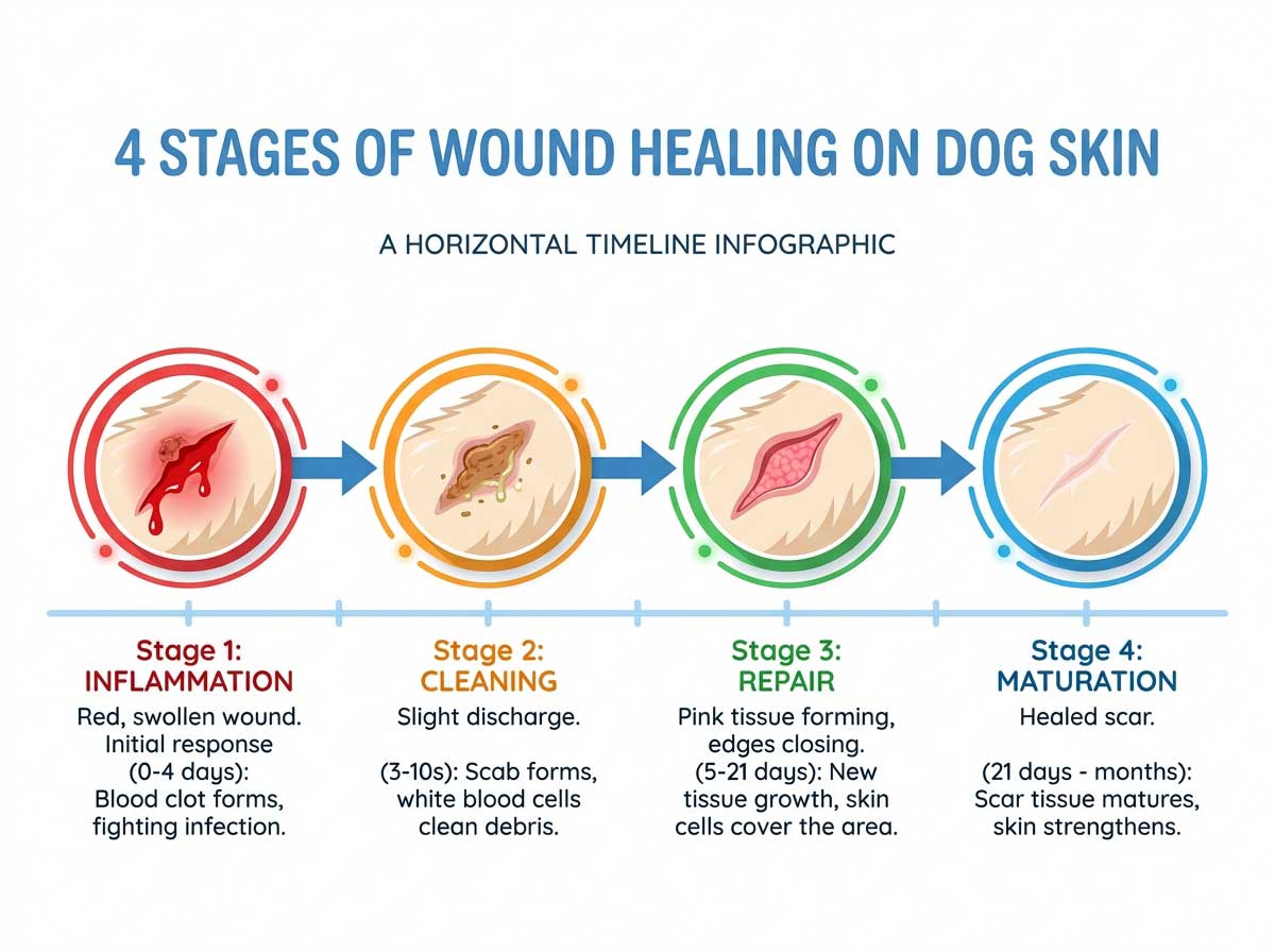 Dog wound healing stages showing progression from fresh to healed