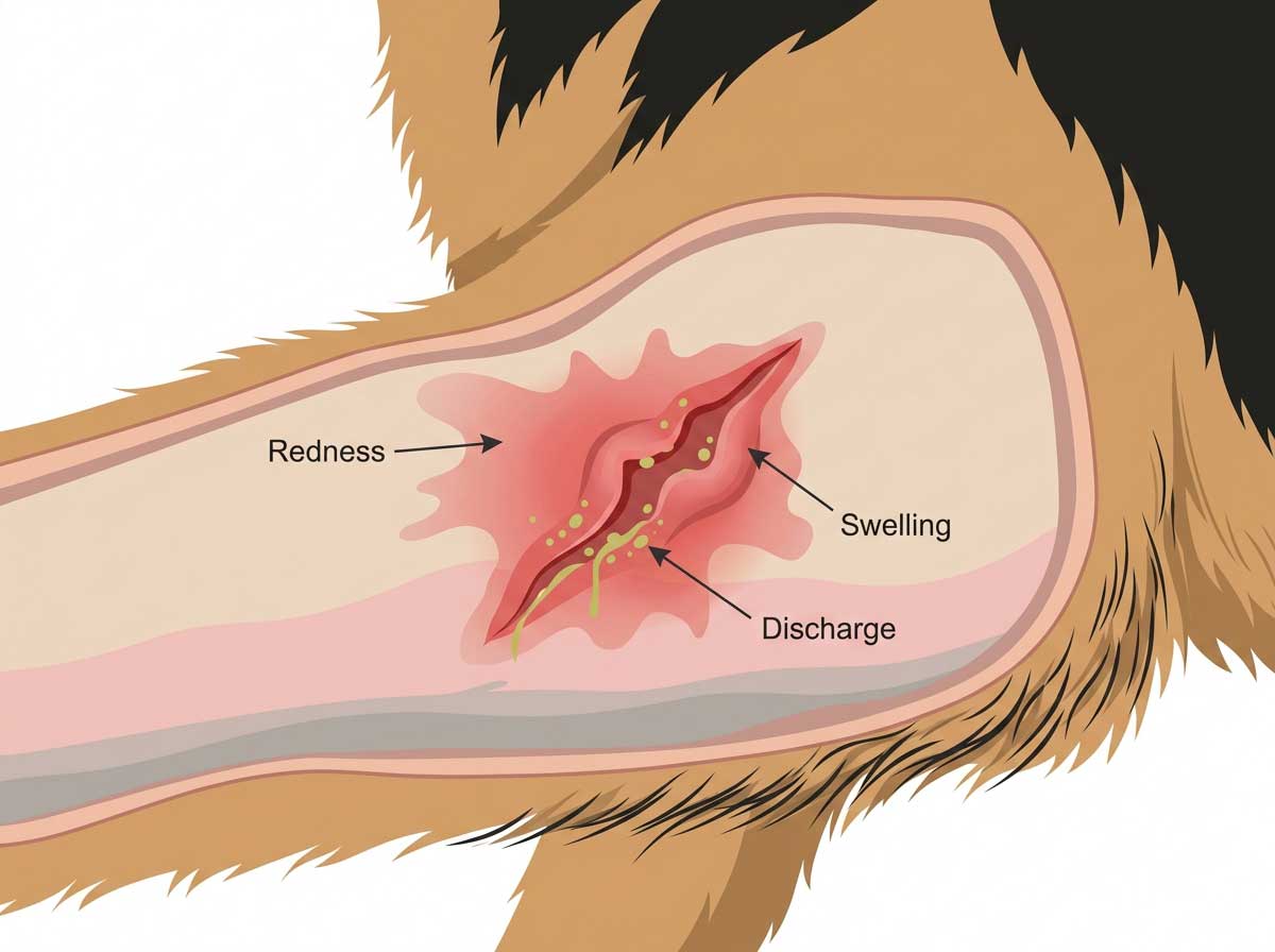 Infected dog wound showing redness, swelling, and discharge