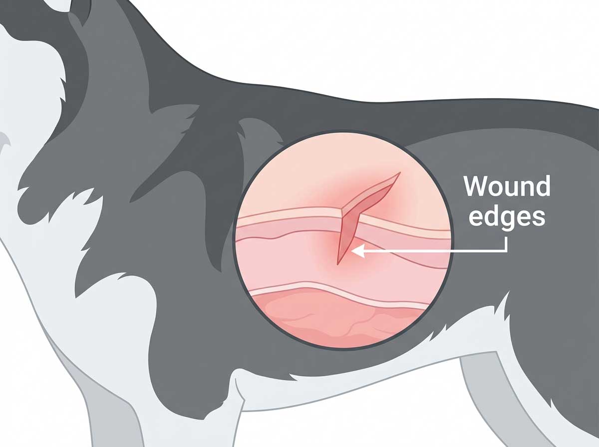 Open laceration wound on dog showing wound edges and depth