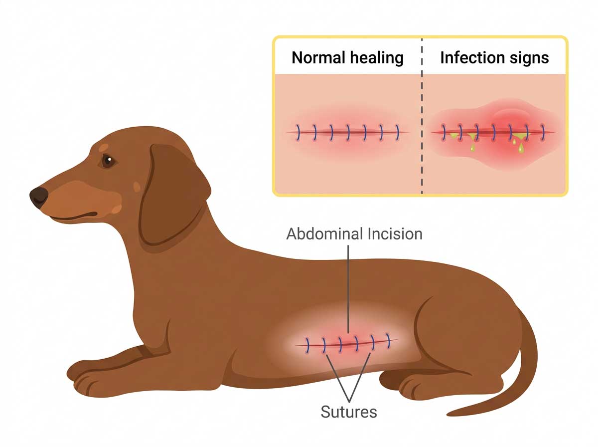 Dog post-surgery incision site showing stitches and normal healing