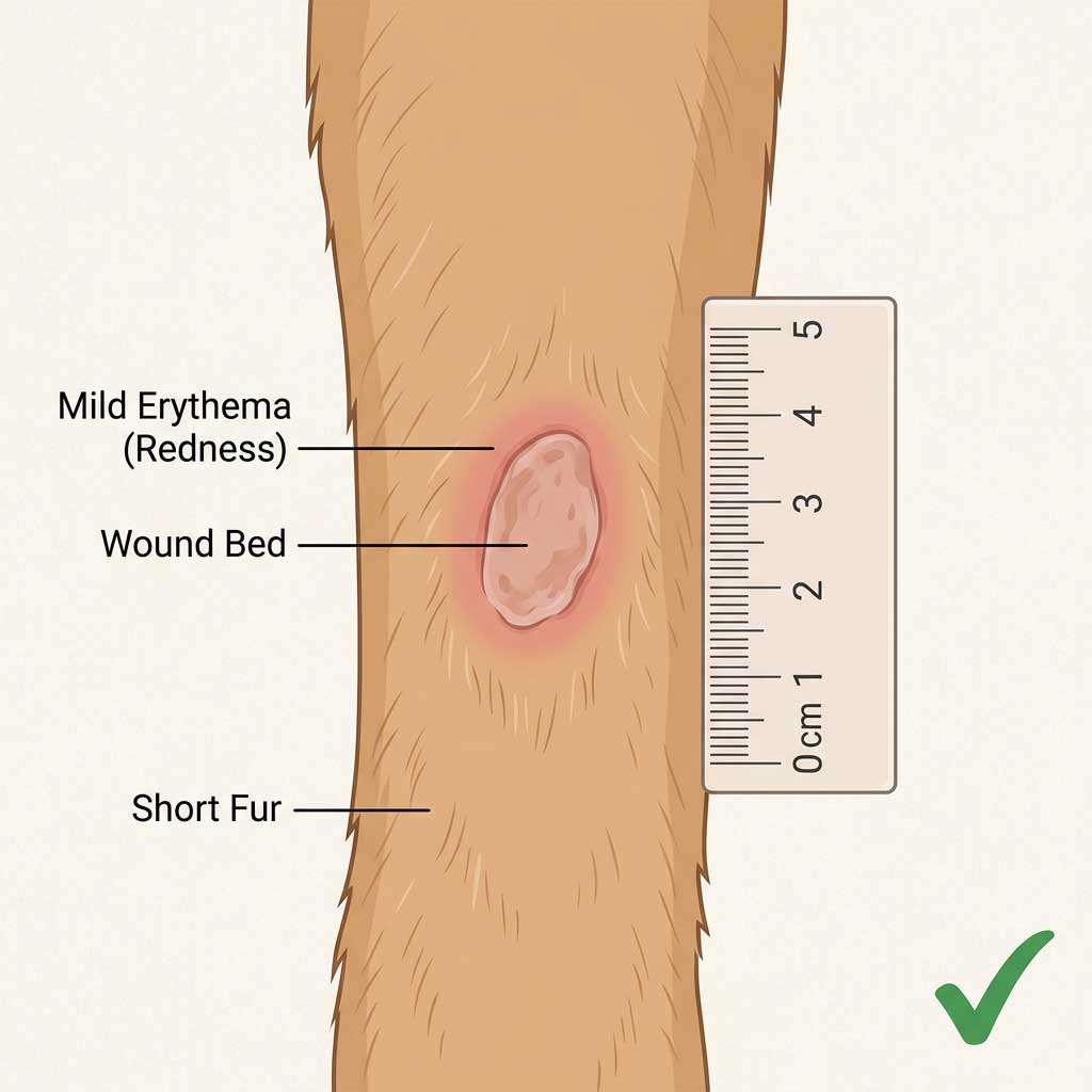 Good example: clear close-up photo of a dog wound showing redness and edges
