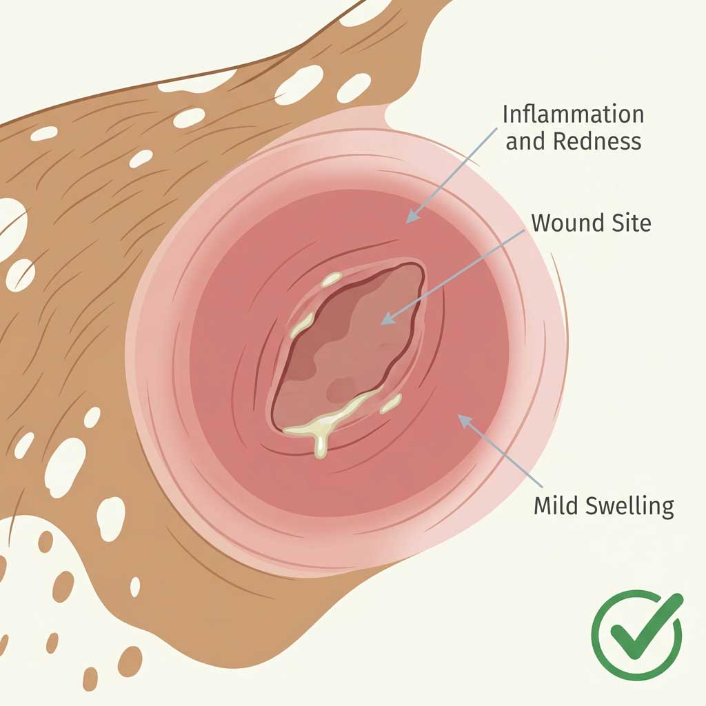 Good example: well-lit photo of dog wound showing surrounding skin and swelling