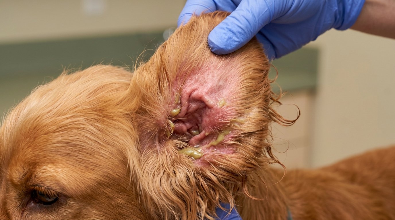 Dog ear infection showing redness and yellow discharge