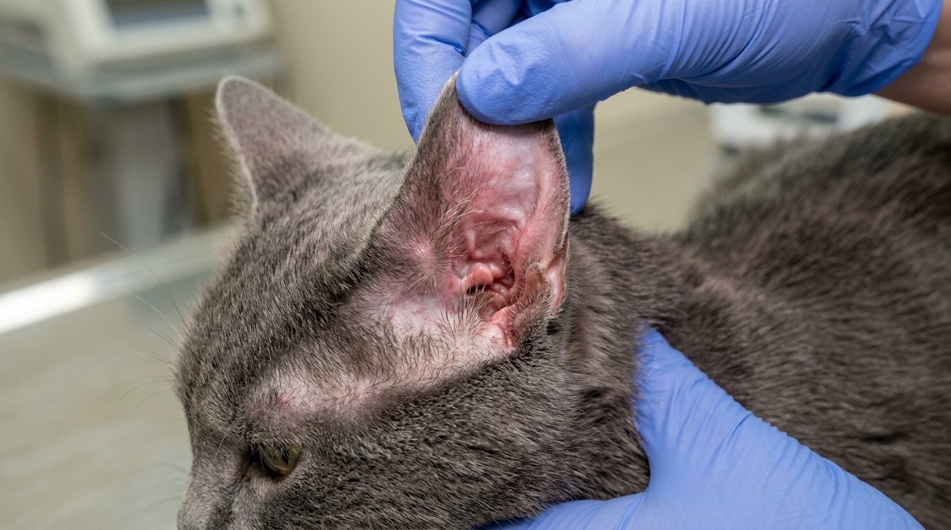 Red inflamed inside of dog ear showing redness and irritation