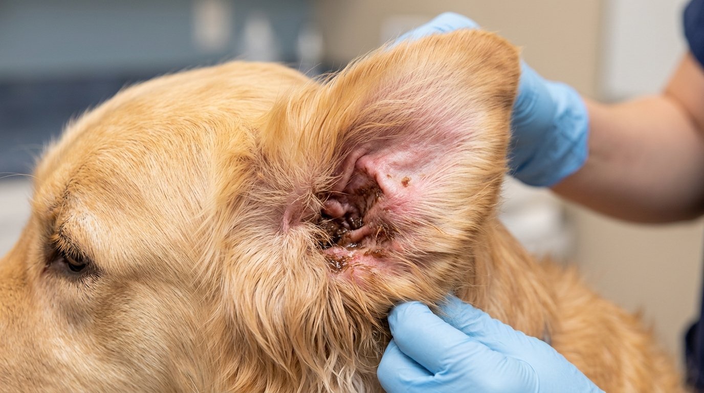 Dog ear yeast infection showing brown waxy buildup in Golden Retriever ear