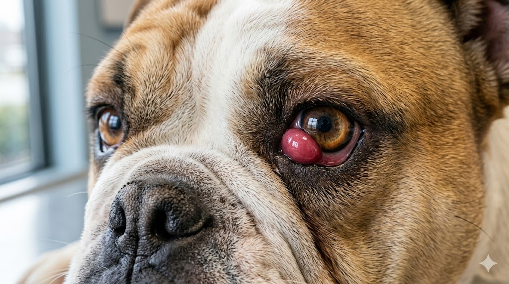 Cherry eye in a dog showing red fleshy lump in corner of eye