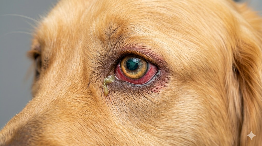 Dog eye infection showing redness and discharge in a Golden Retriever