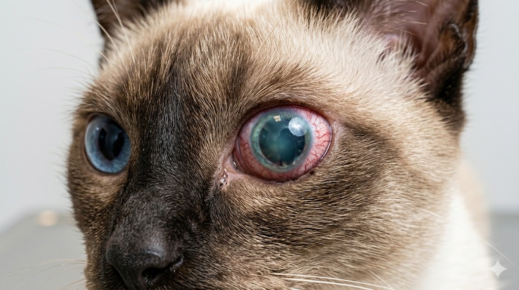Cat eye problem - glaucoma showing enlarged bulging eye in Siamese cat