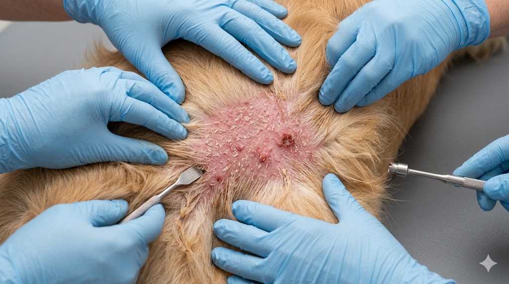 Dermatitis on Golden Retriever belly showing red inflamed flaky skin