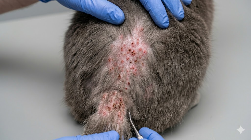 Dog skin allergy showing red irritated skin from flea allergy dermatitis