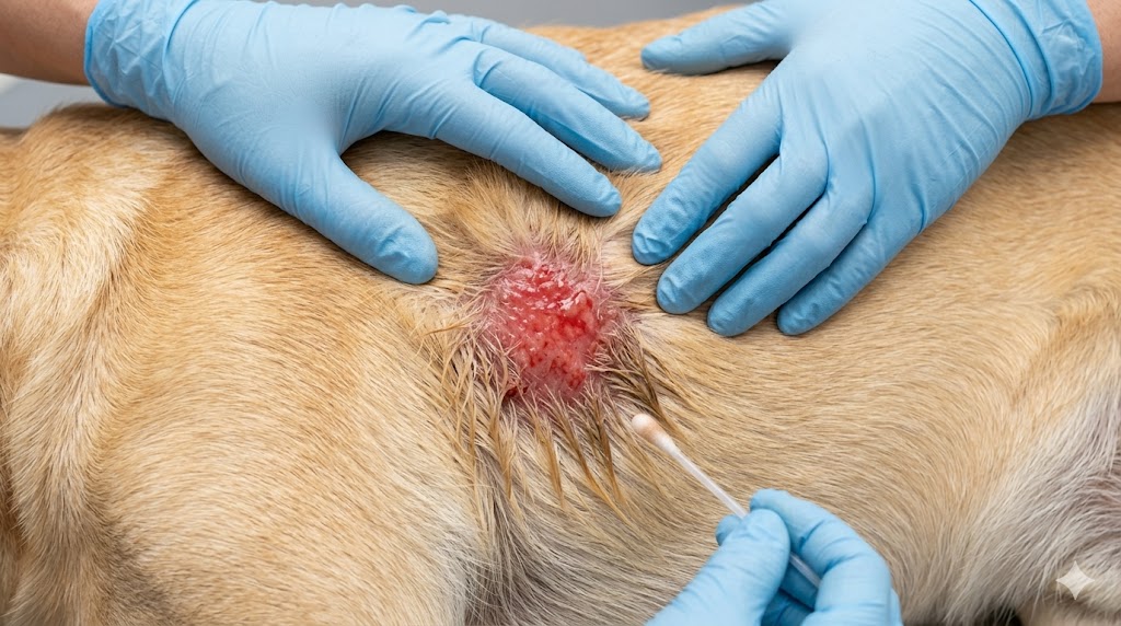 Hot spot on a Labrador Retriever showing red moist oozing skin patch