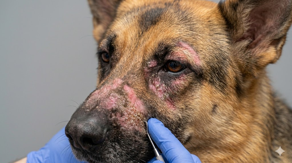 Dog with irritated itchy skin from environmental allergy triggers