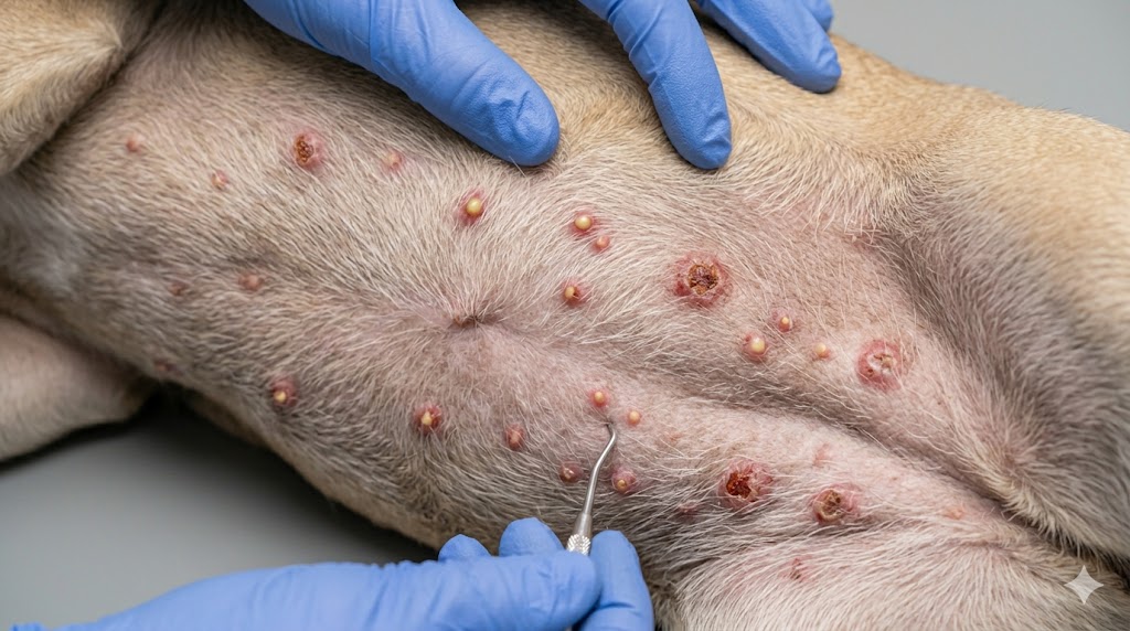 Pyoderma on dog showing pus-filled bumps and crusty lesions