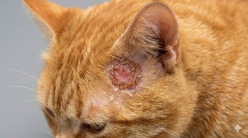 Ringworm on cat showing circular patch of hair loss