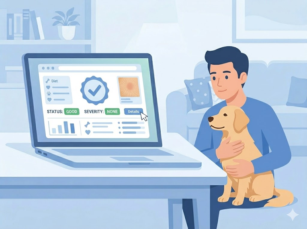 Detailed AI pet skin screening report with observed pattern and next-step recommendations